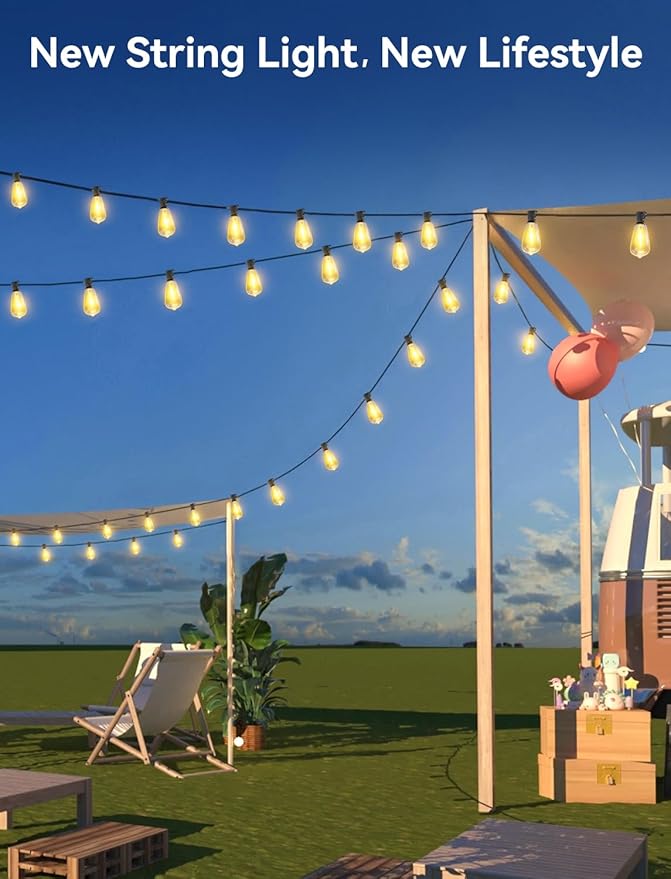 Brightever 150FT Solar String Lights Outdoor Waterproof with Remot, 55+2 Shatterproof ST38 LED Bulbs, Dimmable & 3 Lighting Modes, Warm White Solar Patio Lights for Balcony, Deck, Wedding