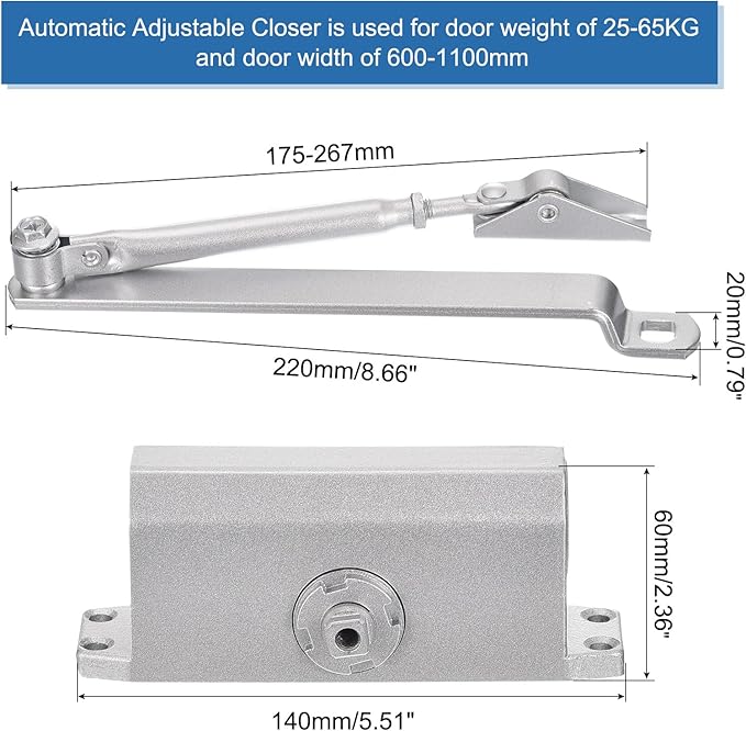MECCANIXITY Door Closer Automatic Door Closer for 25-65kg Outdoor Internal Metal Wooden Doors,180D Spring Hydraulic Auto Door-Closer Automatic Adjustable Closer(Silver,Aluminum)