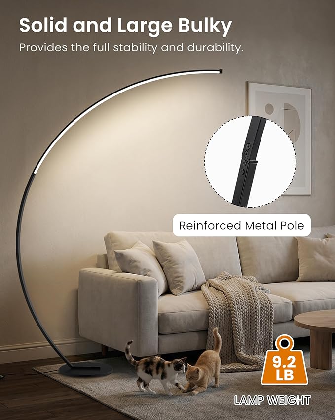 75 inch Dimmable LED Arc Floor Lamp for Living Room with Foot and Remote Control, 3 Color Temperatures, 3000K-6000K Whites, LED Corner Lamp, Modern Standing Tall Lamp for Bedroom B62LD05