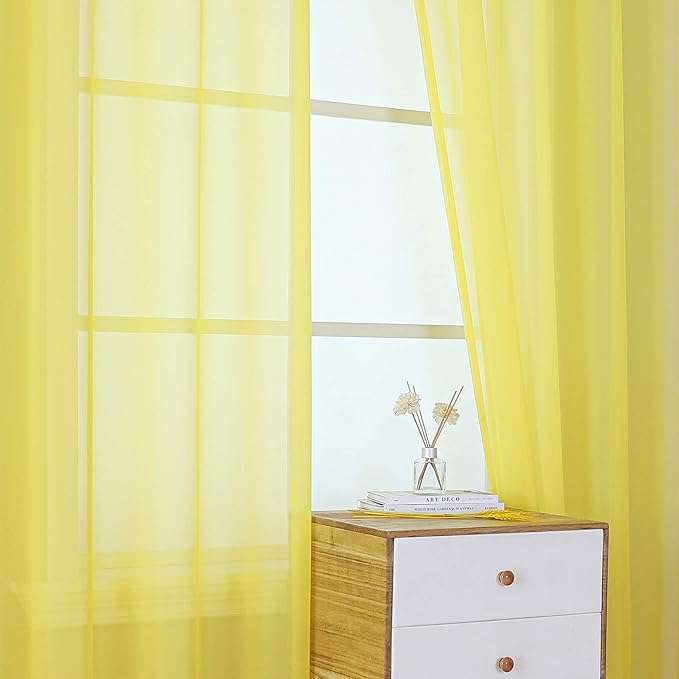 KEQIAOSUOCAI 108 inches Long Living Room Sheer Curtains - Eyelet Top Voile Sheer Draperies Privacy for Villa, W 54 by L 108 inch Length, 2 Panels, Vibrant Yellow