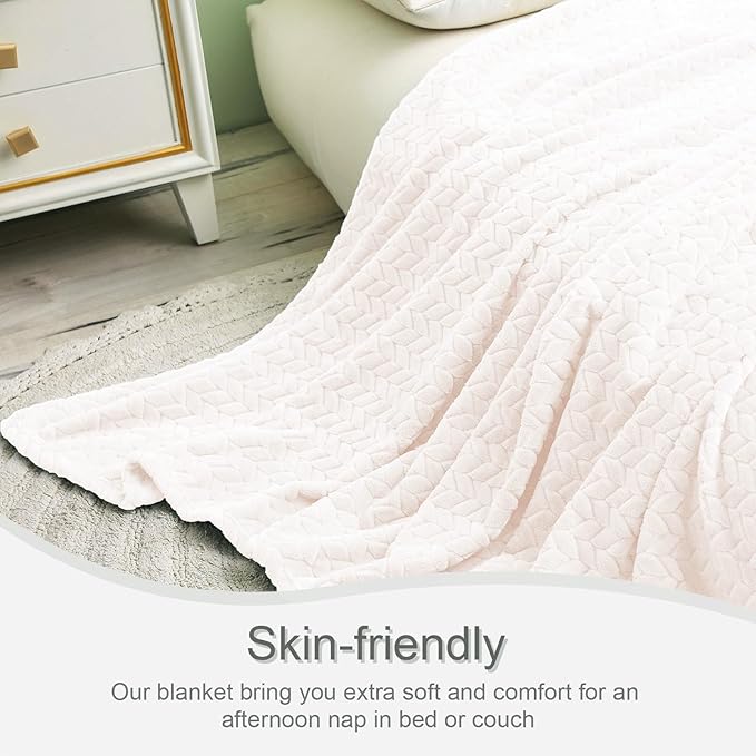 Exclusivo Mezcla Fleece Throw Blanket for Couch, 50x70 Inches Soft Cozy Jacquard Flannel Blankets, Lightweight Fuzzy Plush Warm Throws for Winter, Off White