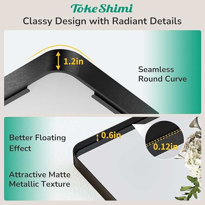 TokeShimi 72x36 Black Bathroom Mirror,Tempered Glass,Bathroom Wall Mirror with Seamless Aluminum Frame,Modern Bathroom Vanity Mirror Shatterproof(Horizontal/Vertical)