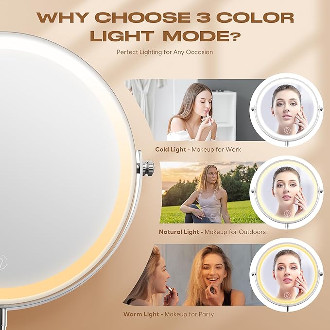 Makeup Mirror with Lights, 1x/20x 360° Rotation Vanity Mirror, Brightness Adjustable Lighted Makeup Mirror with Magnification, 5000 mAh Rechargeable Double Sided Mirror with 3 Colors, Gift for Women