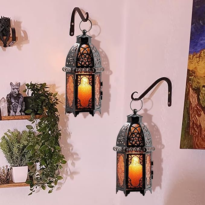 DECORKEY Vintage Large Size Decorative Ramadan Candle Lantern, 12.8’’ Metal Hanging&Tabletop Moroccan Lantern Candle Holder Decor, Halloween Christmas Decorations for Home Indoor Outdoor Patio (Amber)