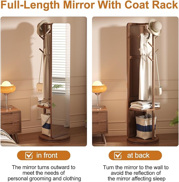 70"x19"Full Length Mirror with Stand,Coat Rack with Mirror,Solid Wood Floor Mirror,Swivel Mirrorfor Bedroom, Living Room, Cloakroom