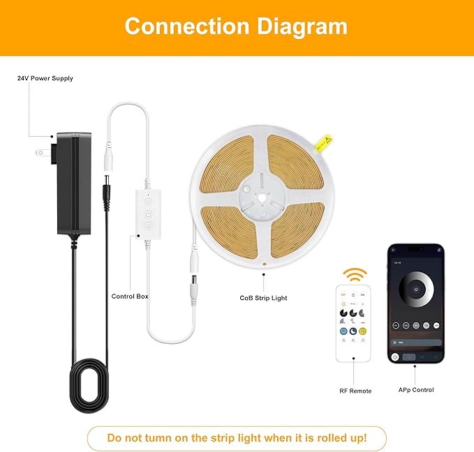 COB LED Strip Lights Warm White,24V Dimmable led Light Strip KIT with Remote and app Control,3000K 9.84FT/3m 8mm Wide Ra>90 Cuttable Flexible Strip Lights for Bedroom,TV Lights,Cabinet