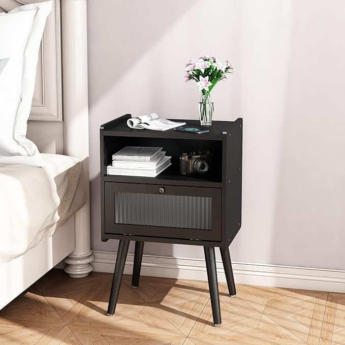 Mid Century Modern Nightstand, Side Table with Storage, Bedside Tables with Glass Door, End Table with Solid Wood Legs for Bedroom, Living Room and Small Spaces, Black