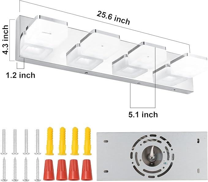3 Colors Dimmable Vanity Lights for Bathroom, LED Chrome 4 Light Vanity Light, Acrylic Stainless Steel Bathroom Light Fixtures Over Mirror, Adjustable 3000K/4000K/6000K, 360° Rotate