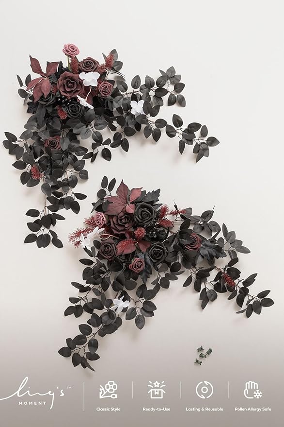 Ling's moment 2pcs Wedding Flowers Garland Artificial Floral Swag Arch Decorations Greenery Arrangements Black & Burgundy Ceremony Reception Garden Easel Wall Entryway Outdoor NOT Include Sign