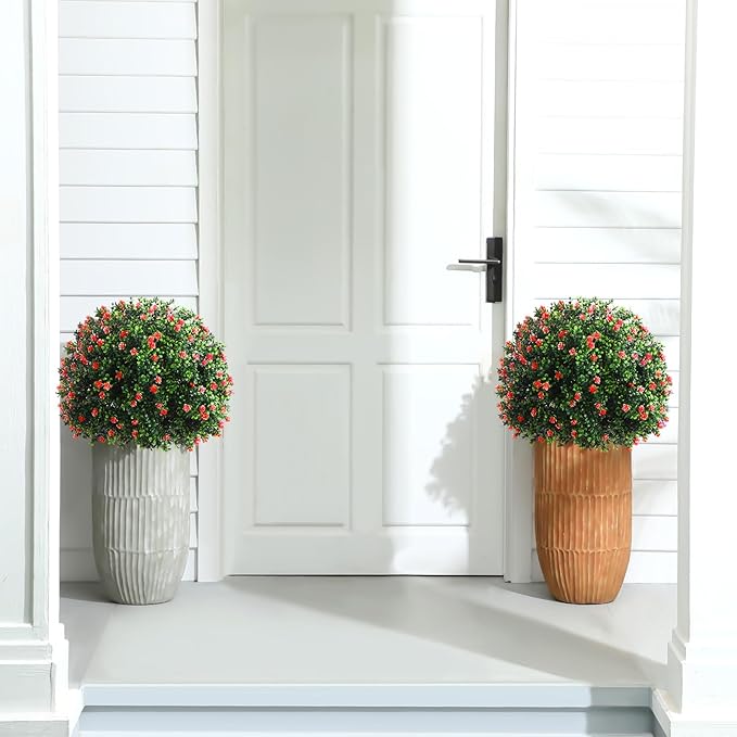 Yunlly Set of 2 Artificial Boxwood Topiary Ball Tree Fake Bushes Shrubs Outdoor Faux Plant with Ground Spike Flowers UV Resistance Greenery for Front Porch Garden Patio Indoor(Red,27x18inch)
