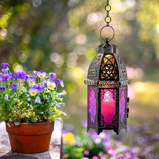 DECORKEY Halloween Decorations Indoor, Purple Decorative Candle Lantern for Moroccan Light Decor, 12.8’’ Vintage Metal Hanging&Tabletop Lantern, Ramadan Lantern for Home Outdoor Patio(Purple)