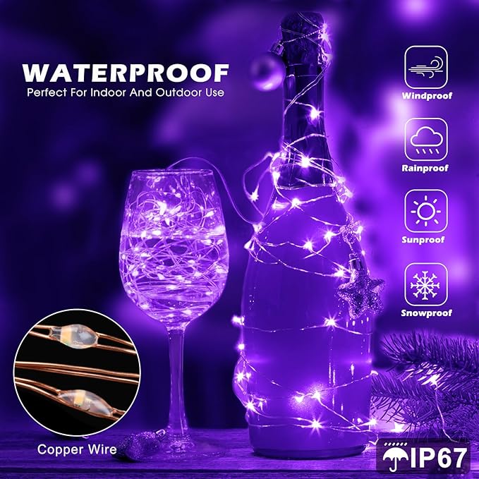 Fairy Lights 66ft 200 LED USB Twinkle String Lights Plug in Silver Wire Lights with Remote and Timer 8 Modes Outdoor Waterproof Starry Lights DIY Party Wedding Christmas Decoration（Purple）