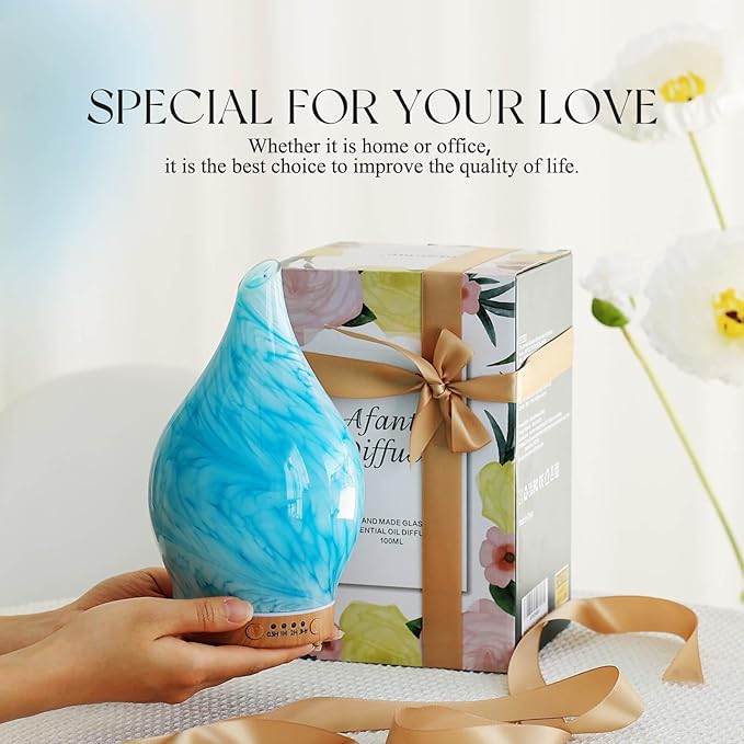 Porseme 150ml Essential Oil Diffuser Glass Color Changing Aroma Air Diffusers Aromatherapy Ultrasonic Cool Mist Humidifier 6 Running Hours Waterless Auto-Off for Sleeping Yoga Office Spa (Blue Wave)