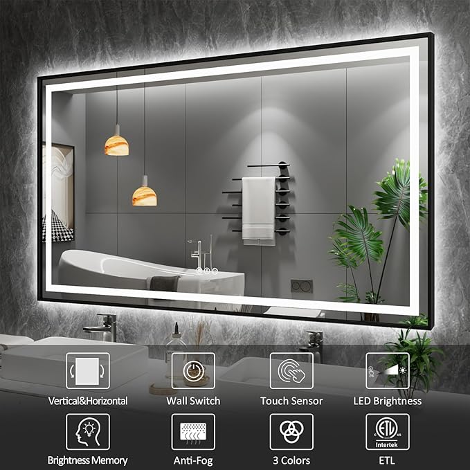 Amorho 48" X36" LED Bathroom Mirror with Black Frame, Front Light and Backlit, Stepless Dimmable, Anti-Fog, Shatter-Proof, Memory, 3 Colors, Double LED Vanity Mirror
