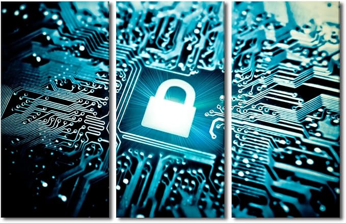 AI Intelligence Wall Art Canvas Painting Security Lock Symbol Wall Art Artwork for Home Walls AI Wall Art 3 Pieces Framed Wall Art Home Office Room Wall Decor Framed Ready to Hang, 42" Wx28 H