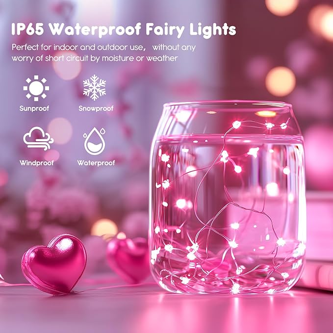 Minetom 12 Pack Pink Fairy Lights Battery Operated String Light with Timer - 7ft 20 LED Waterproof Silver Wire Firefly Light for DIY Crafts Wedding Table Centerpieces, Pink