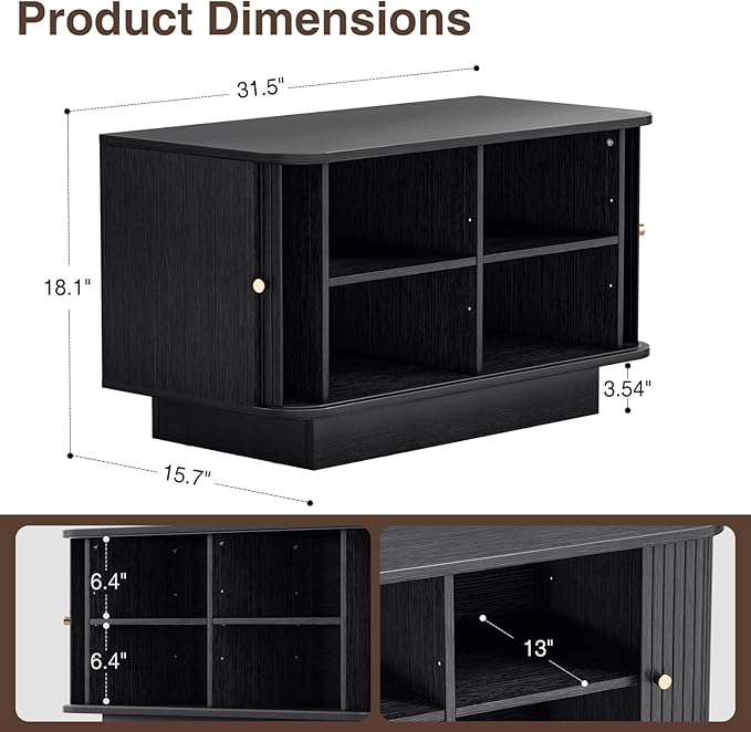 63" W Small Shoe Storage Bench, Shoe Bench Entryway with Sliding Doors and Adjustable Shelvs, Wooden Low Cabinet for Hallway, Living Room, Bedroom, Apartment, Dorm, Mudroom, Garage, Black, 2PCS