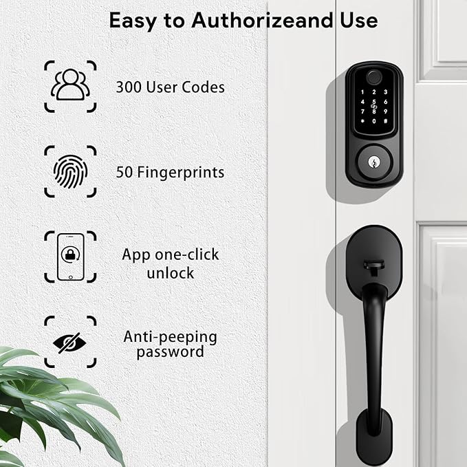 Keyless Entry Door Lock with Handle Set, Keyless Entry Deadbolt with Handle Set, Smart Locks for Front Door Alexa Fingerprint Auto Lock, Black