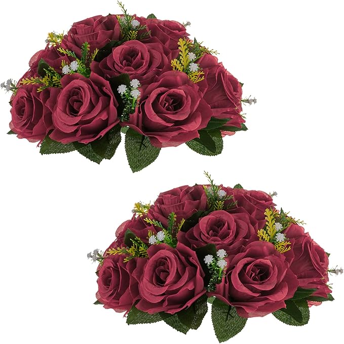 NUPTIO Flower Ball Arrangement Bouquet - 2 Pcs 9.5 inch Diameter Crimson Fake Flowers Roses Balls for Centerpieces Tables - Artificial Rose Arrangements for Wedding Centerpiece Table Decorations