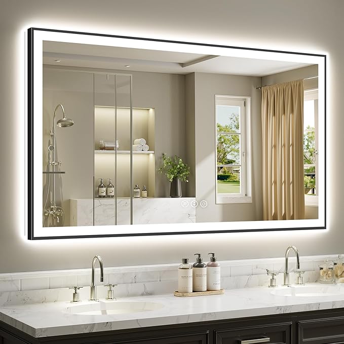 66x36 Inch LED Bathroom Mirror with Lights (Front Lit and Backlit) Black Framed Lighted Vanity Mirror for Bathroom Wall Dimmable Anti-Fog Memory Tempered Glass Horizontal/Vertical