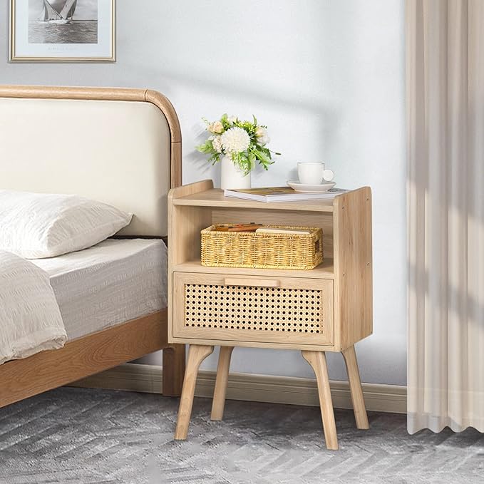 Lerliuo Rattan Nightstand, Boho Side Table with Drawer Open Shelf, Cane Accent Bedside End Table with Solid Wood Legs for Bedroom, Dorm and Small Spaces (Natural)