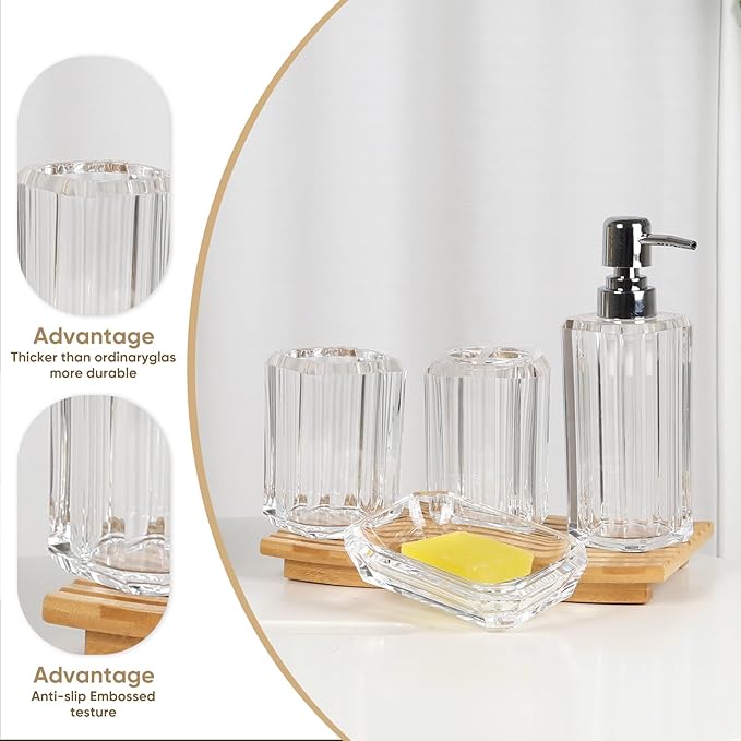 4-Piece Crystal Clear Bathroom Accessories Set — Soap Dispenser, Soap Dish, Mouthwash Cup & Toothbrush Holder, Transparent Acrylic Vanity Organizer, Fits Any Fixture Color or Style