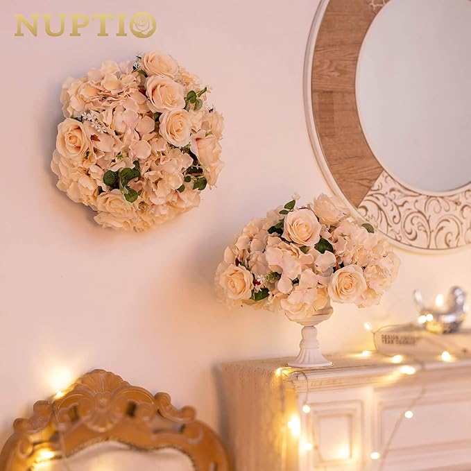 NUPTIO Flower Ball Arrangement Bouquet - 2 Pcs 15.7 inch Diameter Champagne Fake Flowers Roses Balls for Centerpieces Tables - Artificial Rose Arrangements for Wedding Centerpiece Table Decorations