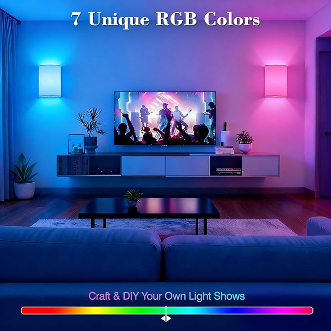 Battery Operated Wall Sconce Set of Two: 10000mAh Wireless Wall Light with Rechargeable Magnetic Bulb - Dimmable Wall Lamp with 7 RGB Colors - Linen Shade Sconces with Remote for Bedroom Living Room