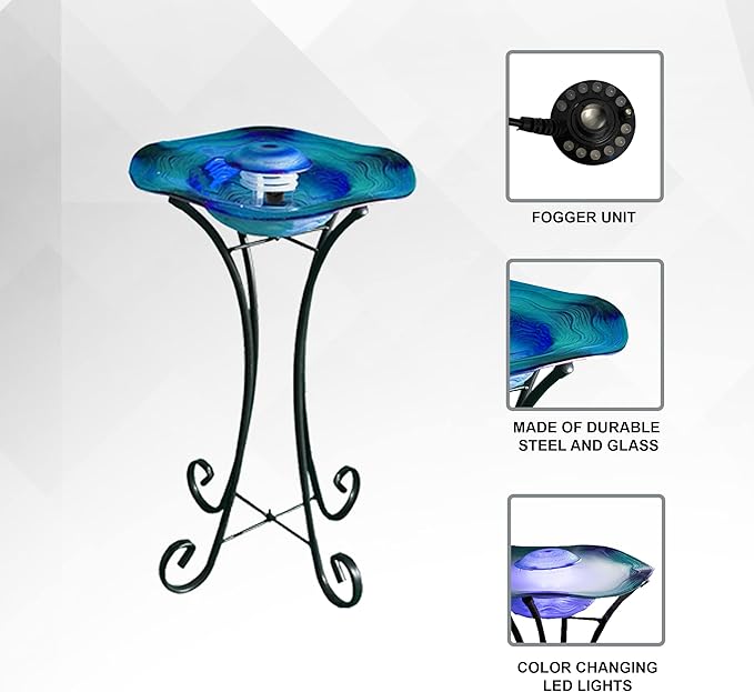 XBrand 27" LED Mist Indoor Floor Fountain, Freestanding Water Feature with Inline Control, Aromatherapy, Glass & Metal, Blue