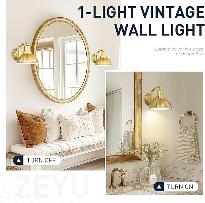 zeyu Vintage Wall Sconce Lighting, Indoor Barn Wall Lamp for Bedroom Living Room, Metal Dome Shade in Brushed Gold Finish, ZY24-1W BG