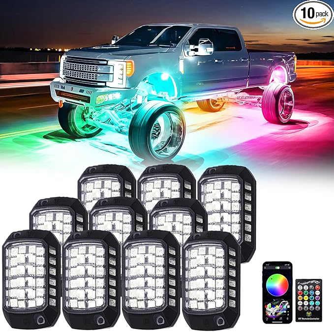 Rock Lights for Trucks, 10 Pods RGB LED Rock Lights with APP/Remote Control & Music Mode, High Bright Multilcolor Waterproof IP68 Rock Neon Light Kits for Pickup Off Road RZR SUV ATV UTV Car