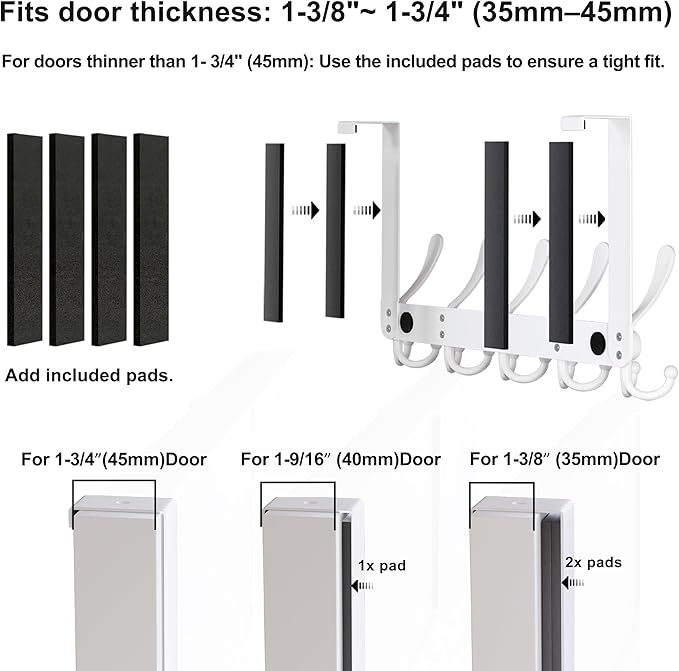Dseap Over The Door Hook Hanger - Fits 1 3/8" to 1 3/4" Standard Doors | 5 Tri Hooks Heavy Duty Towel/Coat Rack | Door Organizer for Clothes, Jackets, Hats, Towels, Black, Pack of 2