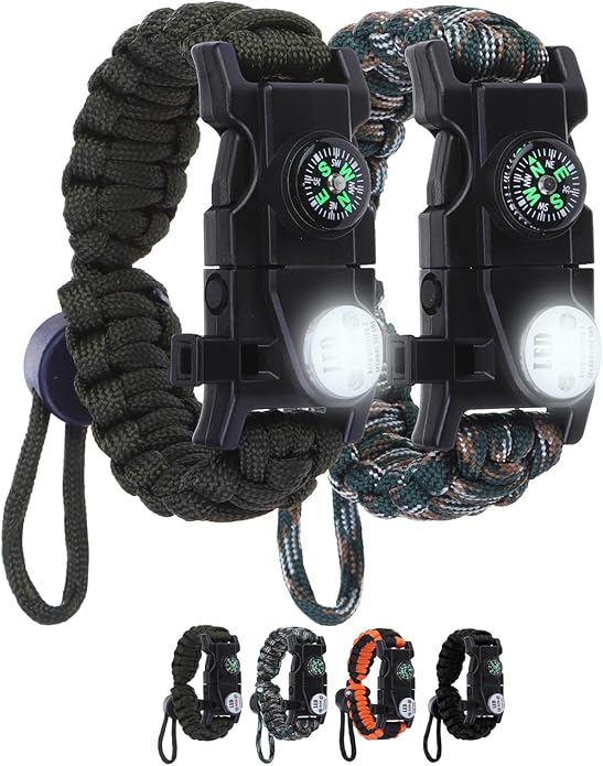Adjustable Survival Paracord Bracelet, 2 Pack Emergency Fire Starter Kit with Loud Whistle Compass Light Flint Steel for Hiking Fishing Hunting, Tactical Gear Equipment Multitools
