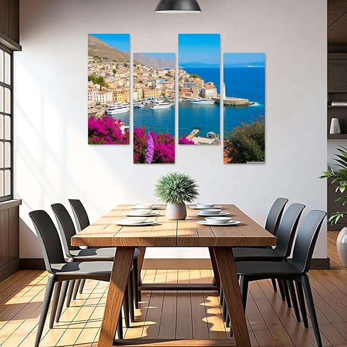 Canvas Wall Art Prints Pictures Symi town cityscape Dodecanese islands Greece Framed Posters Modern Wall Painting Artwork Gift Home Decor for Living Room Ready to Hang 4 Panel