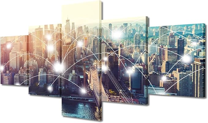 New York City Landscape 5 Panel Canvas Wall Art Urban Skyline Picture Energy Digitalization Poster Decorate Native Americans Home Decoration for Living Room and Office Decorate Artwork 50x24 Inch