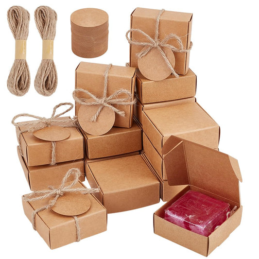 PH PandaHall 50 Pack Small Gift Boxes Bulk Set Peru Color Cardboard Square Boxes with Rope and Tags for Wedding Bridesmaid Proposals Birthday Christmas Party Favors