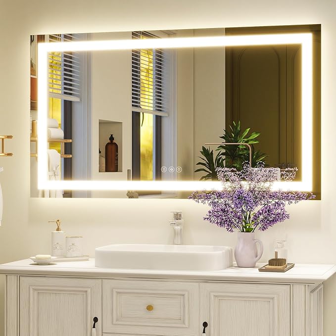 36"x 48"LED Bathroom Mirror, Backlit + Front Lit, LED Bathroom Mirror with Lights for Wall, 3 Colors, Anti-Fog, Dimmable Brightness, Tempered Glass
