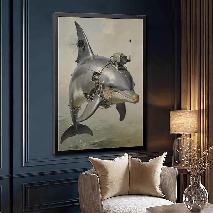 Framed Steampunk Mechanical Dolphin Wall Art - Marine Retro-Futuristic Poster for Beach House Living Room Decor 08x12in