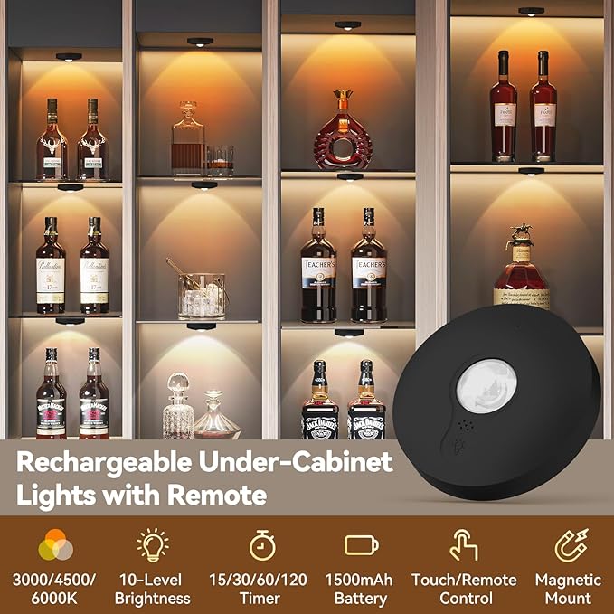 Yiliaw Rechargeable Puck Lights with Remote, 3 Pack Magnetic Under Cabinet Lighting, 1500mAh Battery Operated LED Tap Lights with Dimmer & Timmer for Kitchen, Closet, Shelf - 3 Color Temps, Black