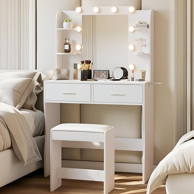 Vanity Desk with Mirror & Light, Makeup Vanity Table with Power Strip, Hair Dryer Holder & 2 Drawers & 3 Open Shelves, 3 Lighting Modes Adjustable Brightness, Dressing Table Set, White