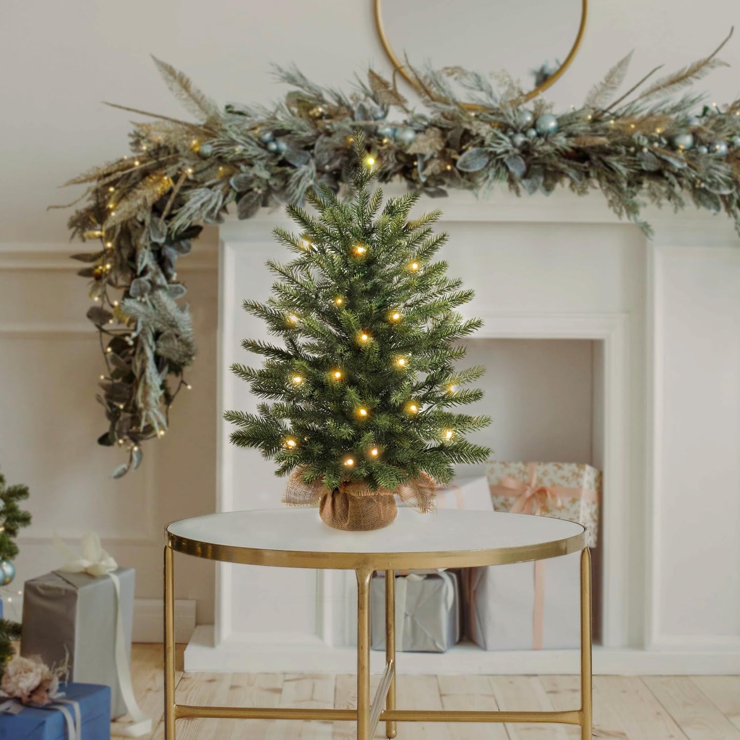 Mini Christmas Trees 24" with 25 LED Lights, 2 ft Decorated Burlap Artificial Tabletop Christmas Trees Home Party Decoration for Kitchen Dining Room Window