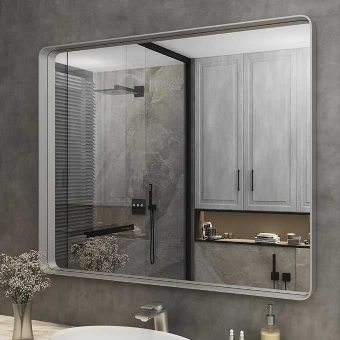 ISKM Silver Metal Framed Bathroom Mirror, 40 x 32 Inch Brushed Silver Vanity Mirror for Wall Round Corner Rectangle Modern Mirror Wall Mounted Hangs Horizontal or Vertical