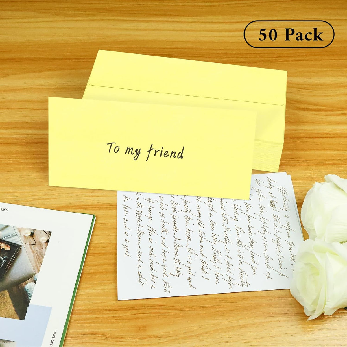 50 Pack #10 Business Envelopes, Light Yellow Standard Envelopes Self Seal, Letter Size Mailing Envelopes for Checks Letters Invoices Christmas Birthday Graduation Wedding, 4 1/8 x 9 1/2 Inch