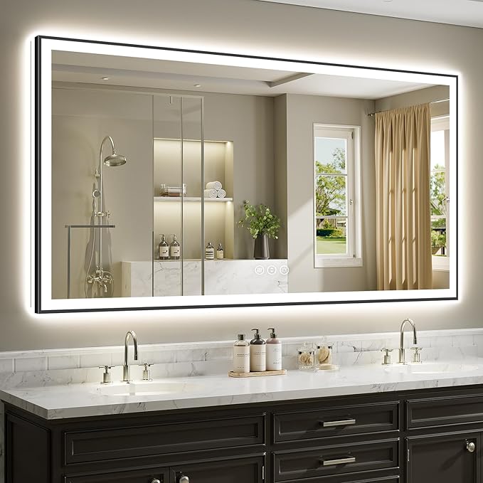84x40 Inch LED Bathroom Mirror with Lights (Front Lit and Backlit) Black Framed Lighted Vanity Mirror for Bathroom Wall Dimmable Anti-Fog Memory Tempered Glass Horizontal/Vertical