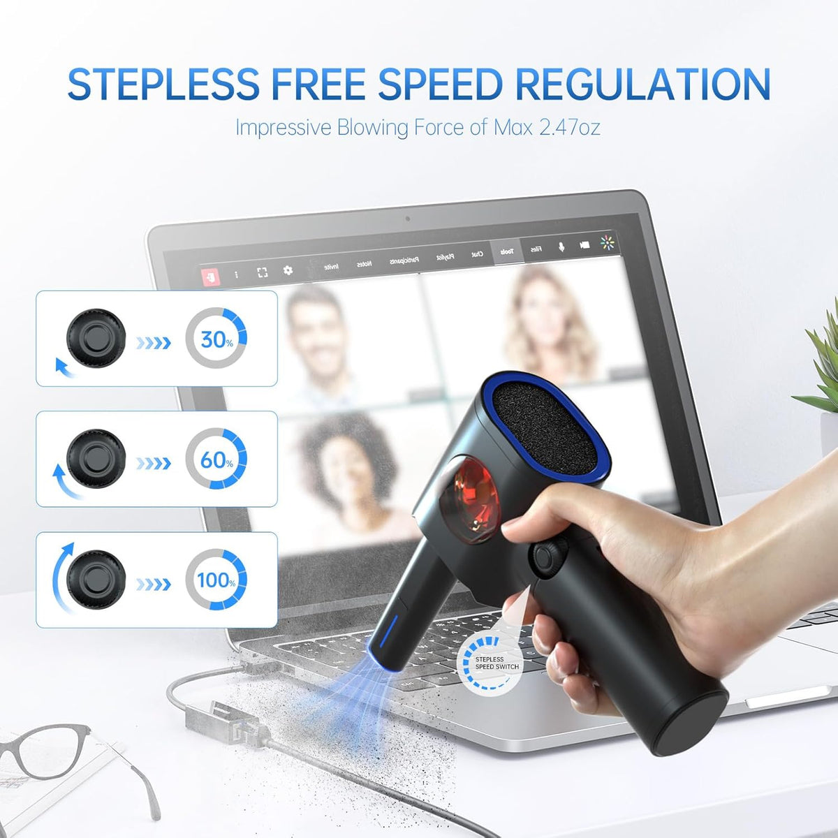 ATEngeus Compressed Air Duster, Stepless Speed Electric Air Duster with Storage Case, Cordless Air Duster with LED Replace Canned Air, 6 Accessories Air Blower, Keyboard Cleaner for Car, PC, Home