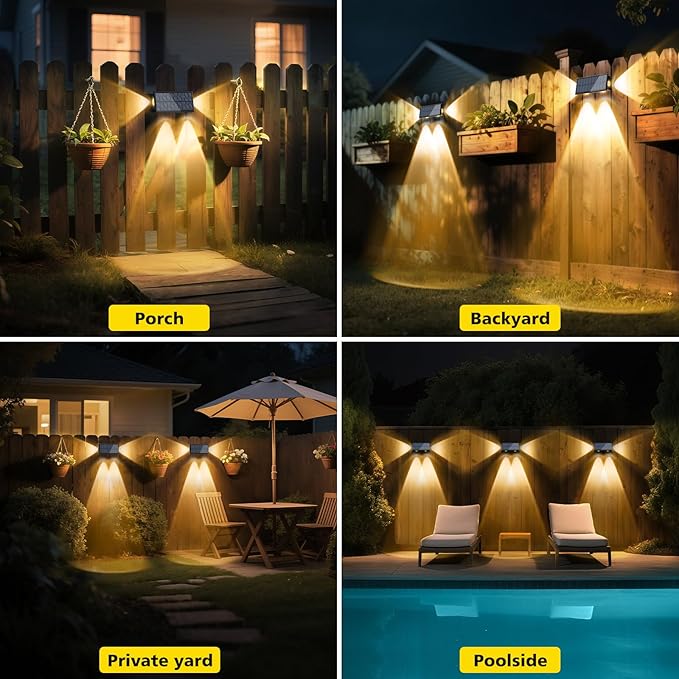 T-SUN Solar Fence Lights, 6 Pack Fence Lights Solar Powered 3000K Warm White, IP65 Waterproof Solar Wall Light Outdoor for Yard Step Patio Railing Pool Porch