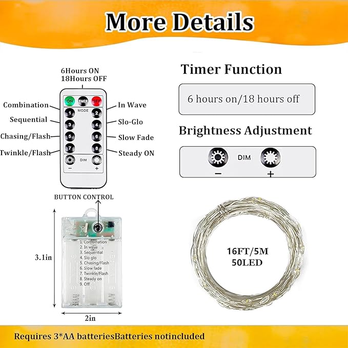 2-Pack 50 LED Fairy Lights Battery Operated with Remote Control Timer, 16 FT 50 LED Battery Lights Outdoor Indoor, 8 Mode Twinkle String Lights for Classroom Party Bedroom Christmas Décor (Warm White)