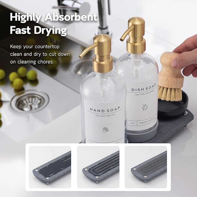 [Luxury] Kitchen Soap Dispenser Set - 16OZ Clear Glass Bottle, Stainless Steel Pump, Instant Dry Tray, Waterproof Labels, Non-Slip Silicone Pad, and Dish Brush | Upgrade for Your Kitchen and Bathroom