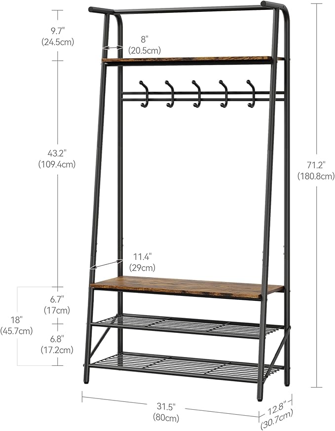 Coat Rack, Floorstanding Hall Tree with Shoe Rack, Wooden and Metal Coat Stand, Industrial Clothes Rack, for Hallway, Living Room, Bedroom, 31.5''x12.8''x71.2'', Rustic Brown