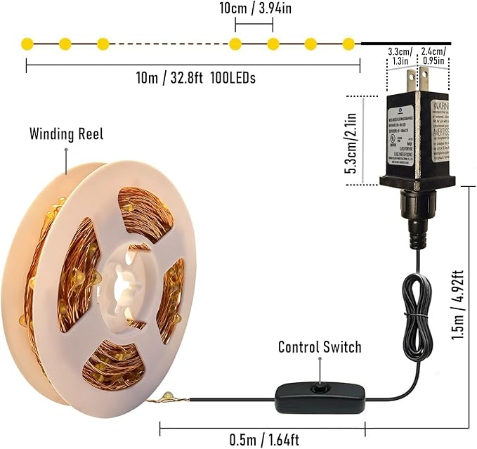 RUICHEN Plug in Fairy String Lights with Switch, Waterproof 33 Ft 100 LED Copper Wire Firefly Lights for Bedroom, Patio, Garden, Balcony, Dorm, Warm White